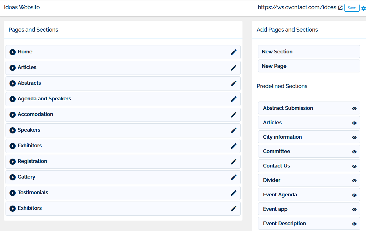 Pre-defined website sections